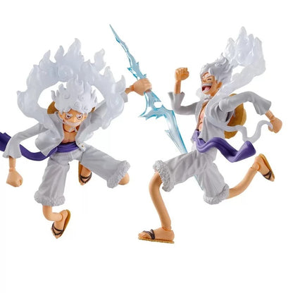 Two action figures of a character with white hair and gray outfit on a white background One Piece: Monkey D. Luffy Gear 5 (Sun God Nika Ver.) Authentic S.H. Figuarts Fully Articulated Action Figure by Bandai Spirits