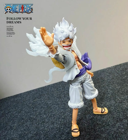 Action figure with white hair and a purple shirt on a gray surface, with 'One Piece' branding. One Piece: Monkey D. Luffy Gear 5 (Sun God Nika Ver.) Authentic S.H. Figuarts Fully Articulated Action Figure by Bandai Spirits