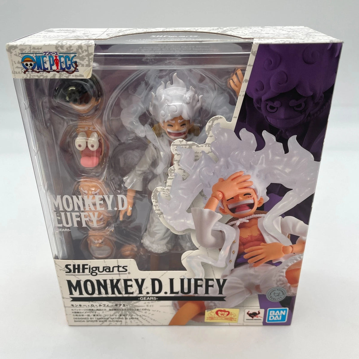 Bandai Sh Figuarts Monkey D. Luffy GAC-12 action figure in its original window box packaging, featuring Monkey D. One Piece: Monkey D. Luffy Gear 5 (Sun God Nika Ver.) Authentic S.H. Figuarts Fully Articulated Action Figure by Bandai Spirits
