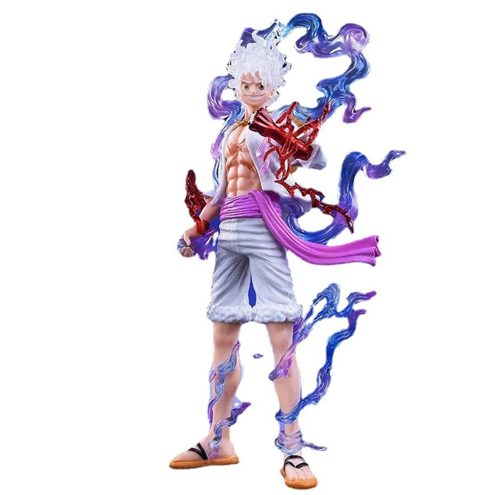 Action figure with colorful hair and a weapon on a white background One Piece: Monkey D. Luffy Gear 5 (Sun God Nika Ver.) Premium Dynamic FX Action Statue