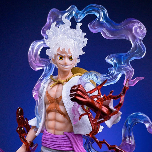 Action figure with white hair and red hands against a blue background One Piece: Monkey D. Luffy Gear 5 (Sun God Nika Ver.) Premium Dynamic FX Action Statue