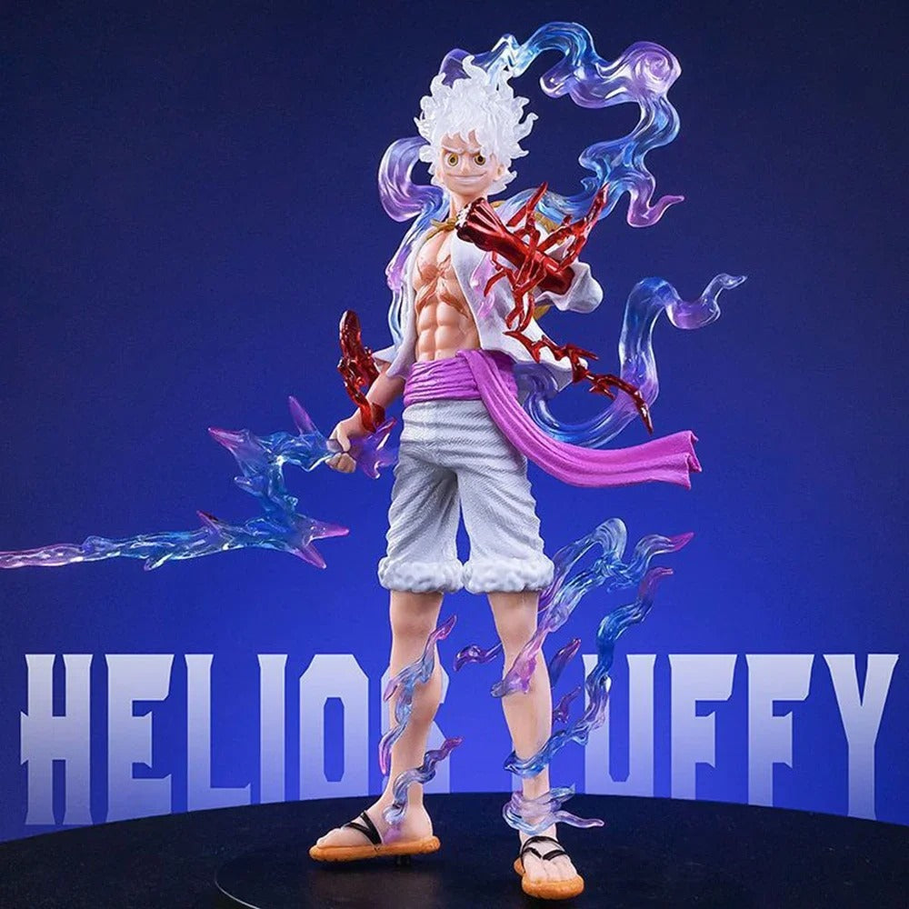 Action figure of a character from an anime with energy effects on a blue background One Piece: Monkey D. Luffy Gear 5 (Sun God Nika Ver.) Premium Dynamic FX Action Statue