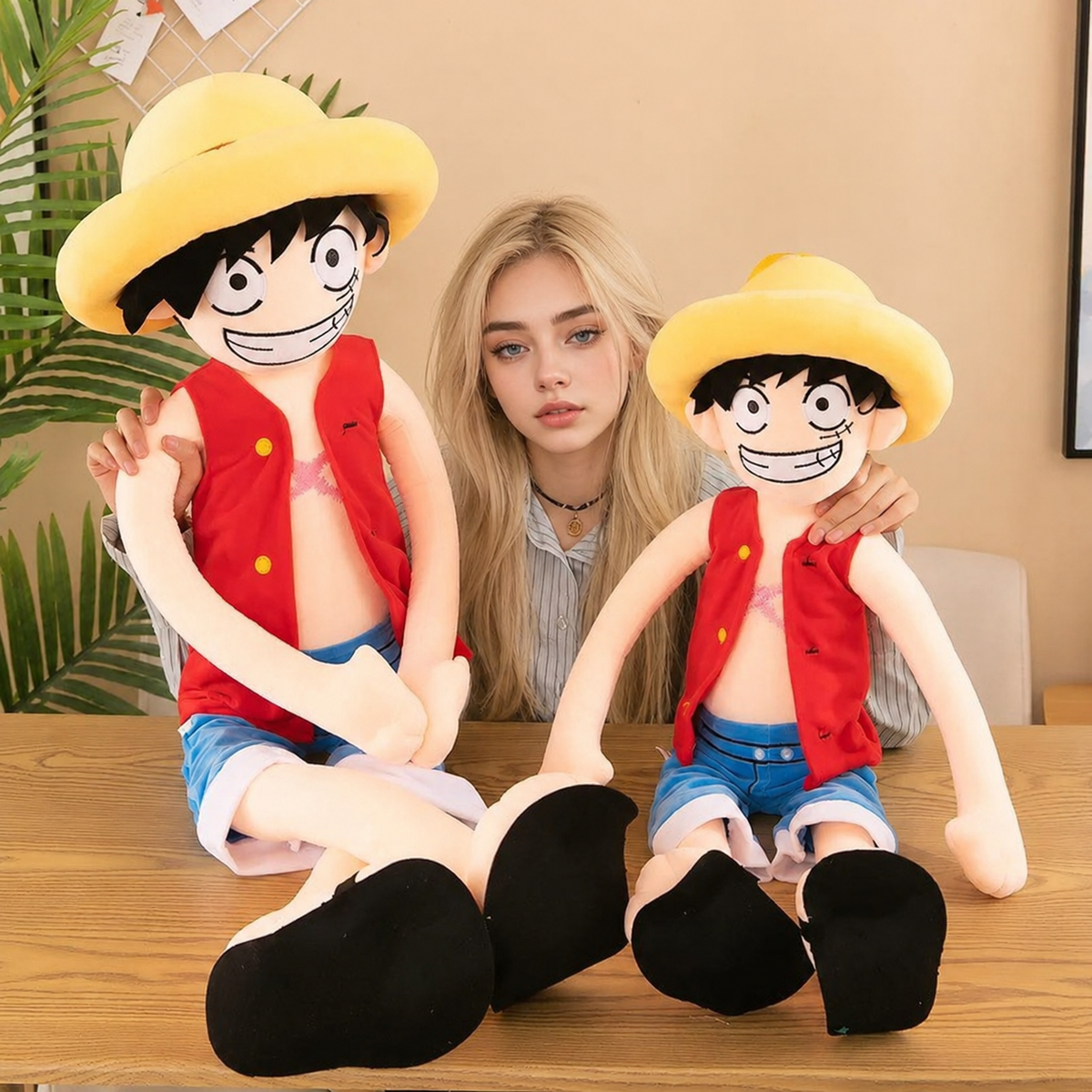 Two large plush toys resembling a character with a yellow hat and red vest, held by a person indoors. One Piece: Monkey D. Luffy Giant Luxury Anime Plush