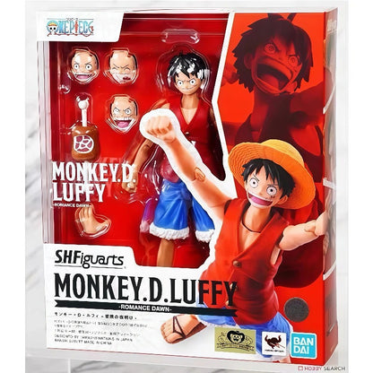 SHFiguarts Monkey D. Luffy action figure packaging with character images on a red background One Piece: Monkey D. Luffy (Romance Dawn Ver.) Authentic S.H. Figuarts Fully Articulated Action Figure by Bandai Spirits