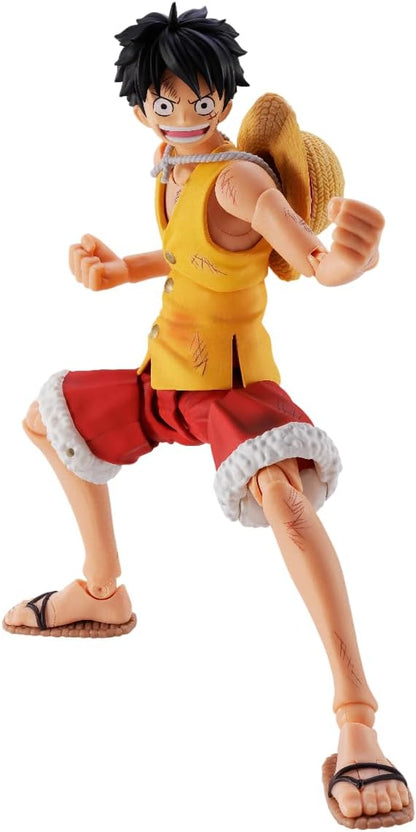 Action figure of a character in a yellow tank top and red shorts with a straw hat on a white background One Piece: Monkey D. Luffy (Summit War of Marineford Ver.) Authentic S.H. Figuarts Fully Articulated Action Figure by Bandai Spirits