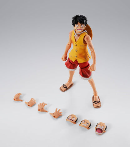 Action figure with interchangeable face parts on a gray background One Piece: Monkey D. Luffy (Summit War of Marineford Ver.) Authentic S.H. Figuarts Fully Articulated Action Figure by Bandai Spirits