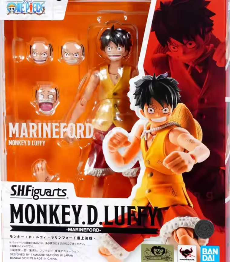 SHFiguarts Monkey D. Luffy action figure packaging with character illustration One Piece: Monkey D. Luffy (Summit War of Marineford Ver.) Authentic S.H. Figuarts Fully Articulated Action Figure by Bandai Spirits