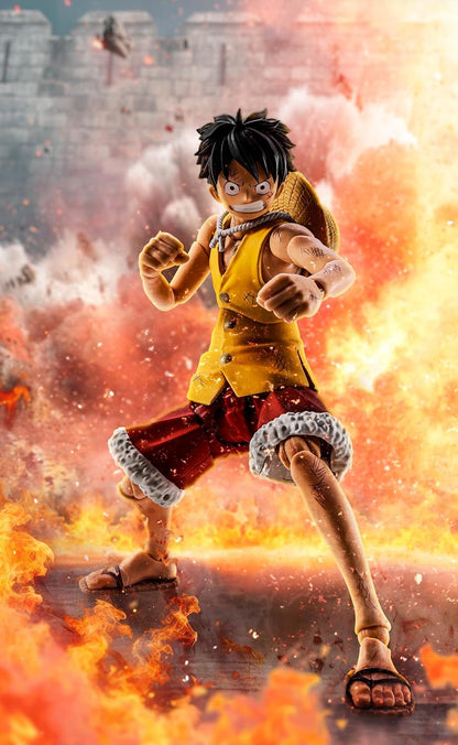 Animated character in a dynamic pose with fiery background One Piece: Monkey D. Luffy (Summit War of Marineford Ver.) Authentic S.H. Figuarts Fully Articulated Action Figure by Bandai Spirits