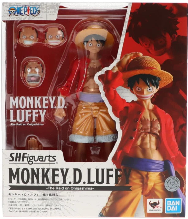SHFiguarts Monkey D. Luffy action figure packaging with character illustration on red background One Piece: Monkey D. Luffy (The Raid on Onigashima Ver.) Authentic S.H. Figuarts Fully Articulated Action Figure by Bandai Spirits