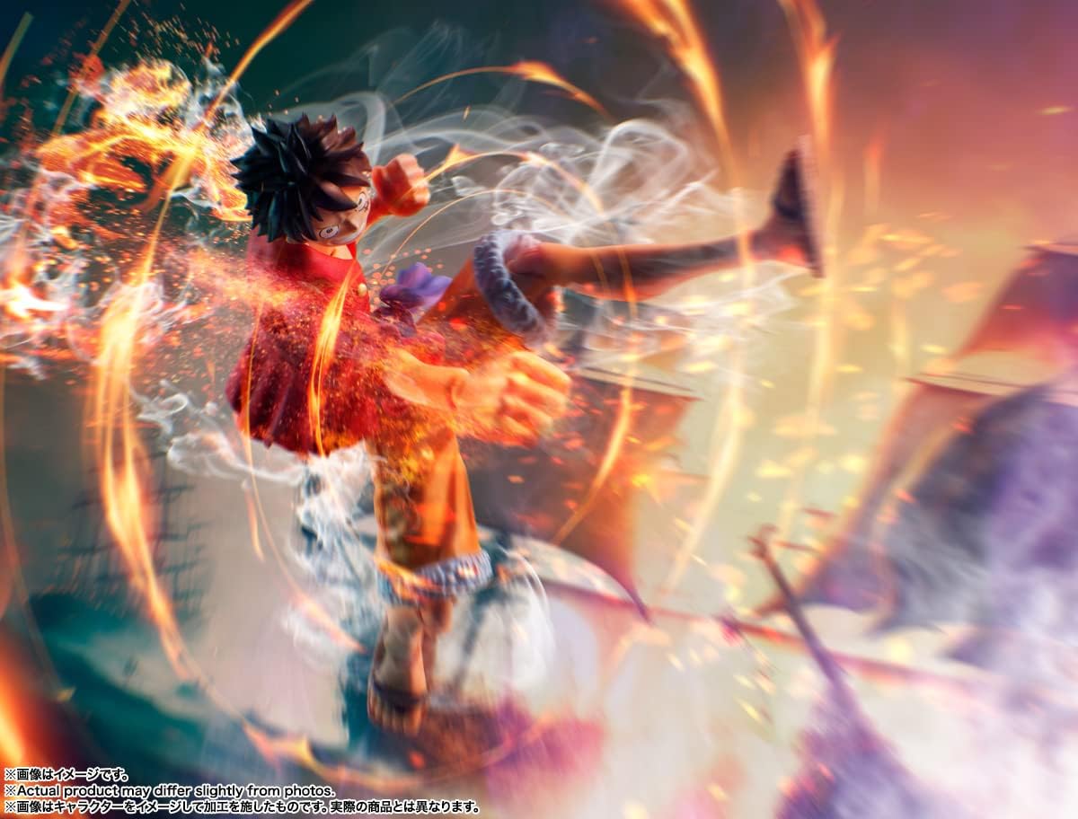 Animated character with fiery effects in a dynamic pose One Piece: Monkey D. Luffy (The Raid on Onigashima Ver.) Authentic S.H. Figuarts Fully Articulated Action Figure by Bandai Spirits