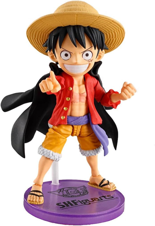 Figurine of a character with a straw hat and red jacket on a white background One Piece: Monkey D. Luffy (WCF x S.H. Figuarts Ver.) Authentic Fully Articulated Chibi Action Figure by Bandai Spirits
