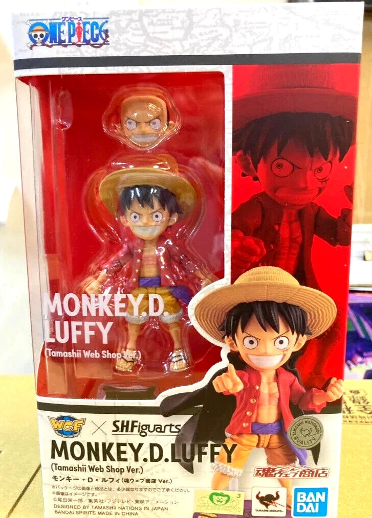 Action figure of Monkey D. Luffy from One Piece in packaging with branding visible One Piece: Monkey D. Luffy (WCF x S.H. Figuarts Ver.) Authentic Fully Articulated Chibi Action Figure by Bandai Spirits