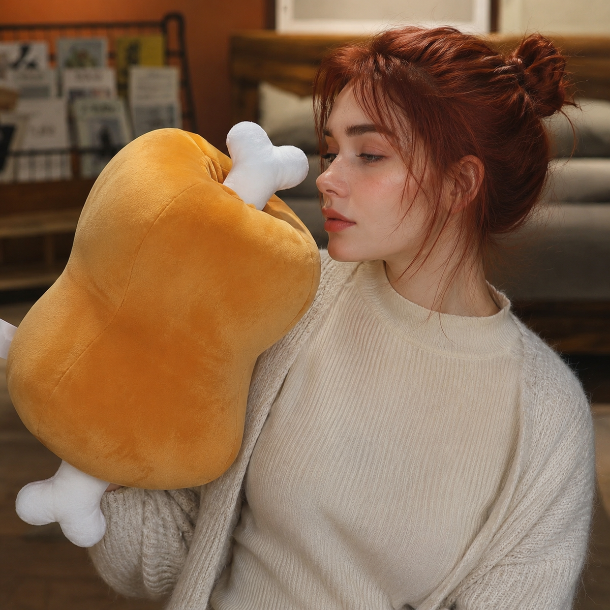 Woman holding a large plush chicken leg toy indoors One Piece: Monkey D. Luffy's Iconic Manga Meat 42cm Dual-Use Premium Plush Pillow