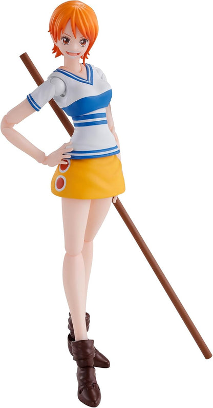 Figure of a character with orange hair, white and blue outfit, and yellow skirt holding a staff on a white background One Piece: Nami (Romance Dawn Ver.) Authentic S.H. Figuarts Fully Articulated Action Figure by Bandai Spirits
