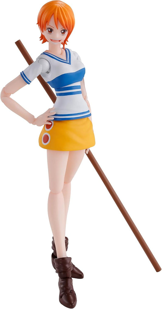 Figure of a character with orange hair, white and blue outfit, and yellow skirt holding a staff on a white background One Piece: Nami (Romance Dawn Ver.) Authentic S.H. Figuarts Fully Articulated Action Figure by Bandai Spirits