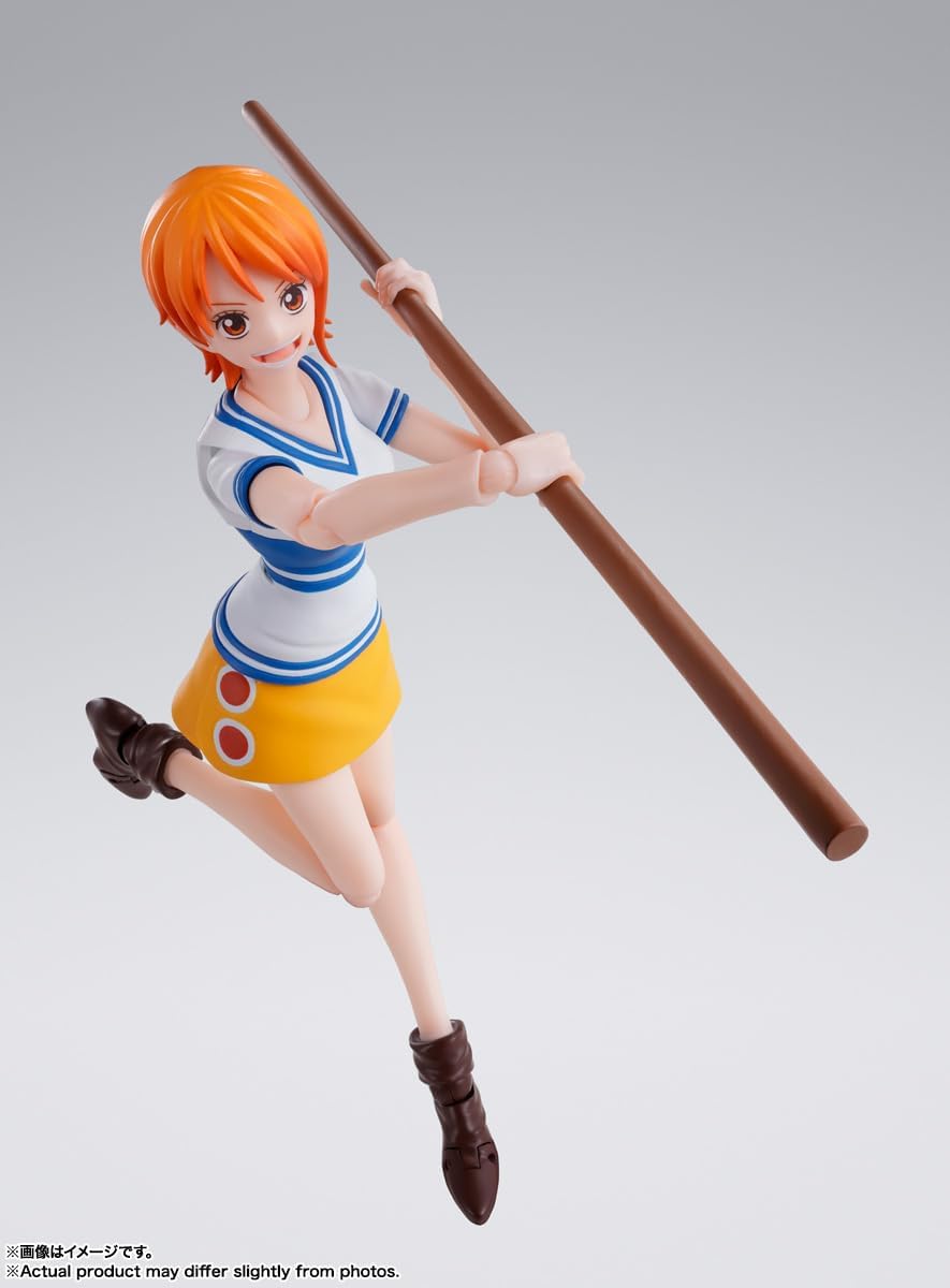 Figurine of a character with orange hair and a staff on a gray background One Piece: Nami (Romance Dawn Ver.) Authentic S.H. Figuarts Fully Articulated Action Figure by Bandai Spirits
