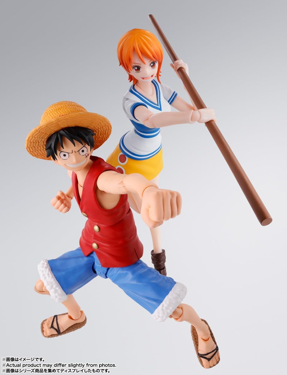 Two action figures of characters from a popular anime series on a gray background One Piece: Nami (Romance Dawn Ver.) Authentic S.H. Figuarts Fully Articulated Action Figure by Bandai Spirits