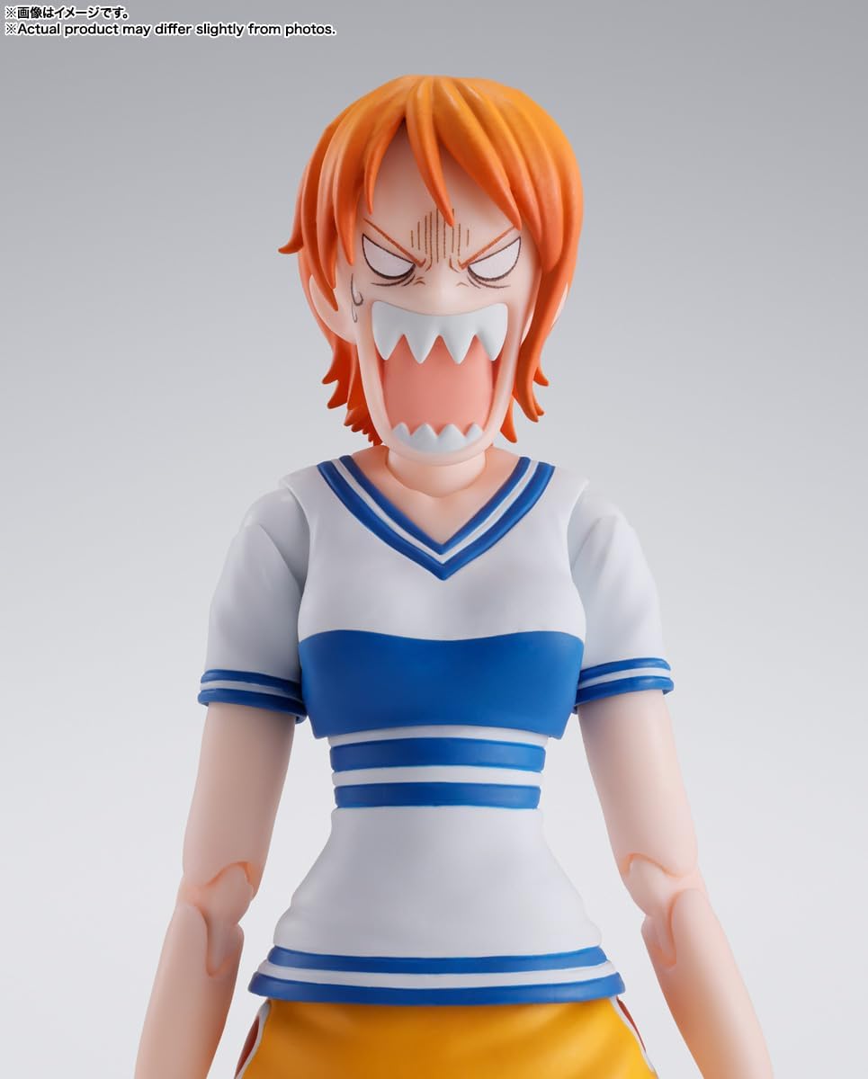 Figure of a character with orange hair and a white and blue outfit on a gray background One Piece: Nami (Romance Dawn Ver.) Authentic S.H. Figuarts Fully Articulated Action Figure by Bandai Spirits