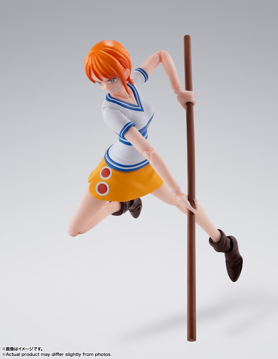 Figurine of a character from an anime or manga on a gray background One Piece: Nami (Romance Dawn Ver.) Authentic S.H. Figuarts Fully Articulated Action Figure by Bandai Spirits