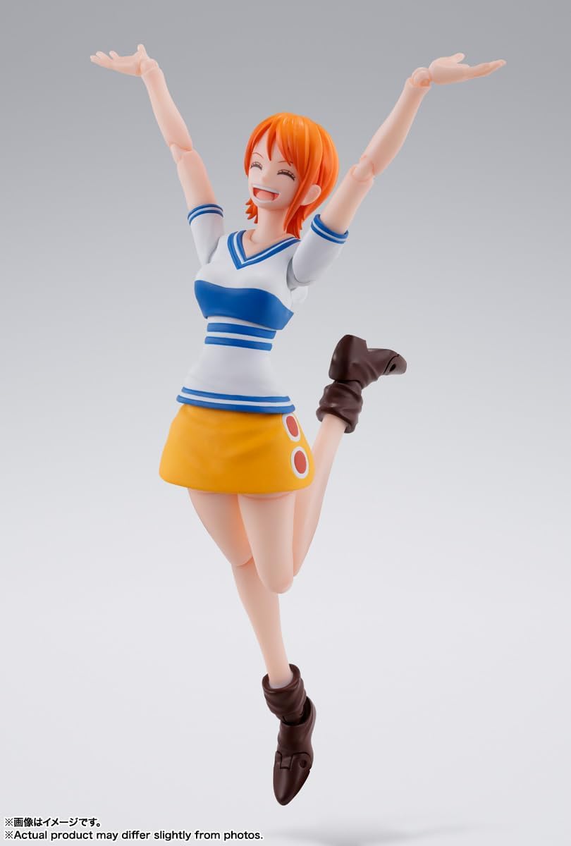 Figurine of a character with orange hair and a colorful outfit on a gray background One Piece: Nami (Romance Dawn Ver.) Authentic S.H. Figuarts Fully Articulated Action Figure by Bandai Spirits