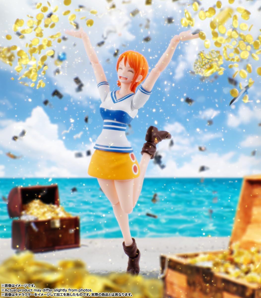 Figurine of a character with orange hair and a blue and white outfit standing on a beach with treasure chests and confetti. One Piece: Nami (Romance Dawn Ver.) Authentic S.H. Figuarts Fully Articulated Action Figure by Bandai Spirits
