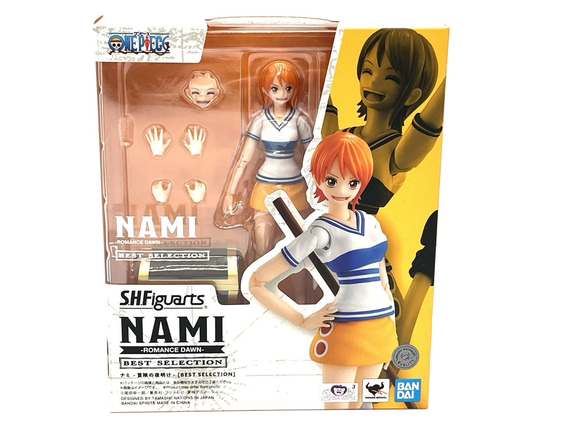 Action figure packaging of Nami from One Piece with accessories on a white background One Piece: Nami (Romance Dawn Ver.) Authentic S.H. Figuarts Fully Articulated Action Figure by Bandai Spirits