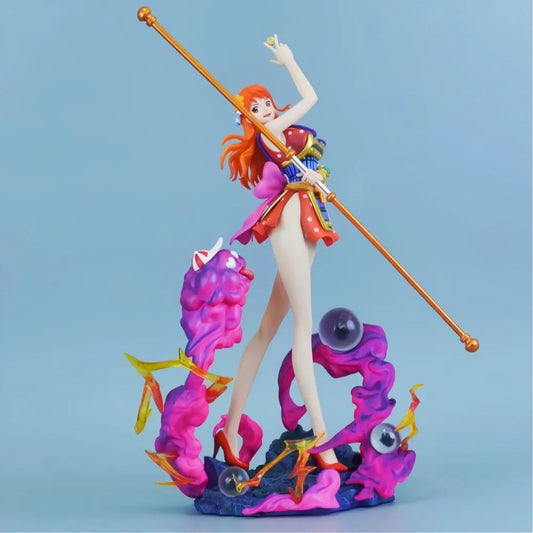 Colorful figurine of a character with a staff on a blue background One Piece: Nami (Wano Country Kunoichi Ver.) Authentic LX Studio 30cm / 11.81-Inch Premium PVC Exhibition Scale Statue