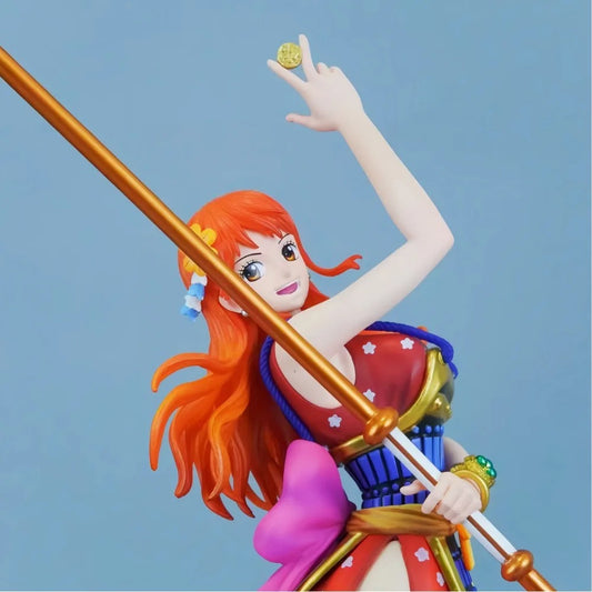 Colorful figurine with red hair and a blue and red outfit against a light blue background One Piece: Nami (Wano Country Kunoichi Ver.) Authentic LX Studio 30cm / 11.81-Inch Premium PVC Exhibition Scale Statue