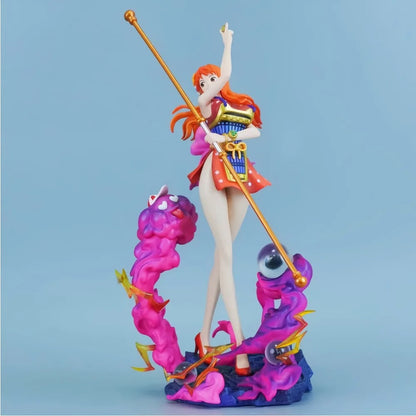 Colorful figurine of a character with red hair and a staff, standing on two pink seahorses against a light blue background. One Piece: Nami (Wano Country Kunoichi Ver.) Authentic LX Studio 30cm / 11.81-Inch Premium PVC Exhibition Scale Statue