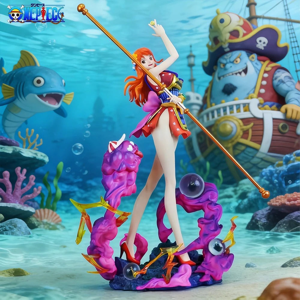 Figurine of a character from One Piece in an underwater scene with a ship and fish. One Piece: Nami (Wano Country Kunoichi Ver.) Authentic LX Studio 30cm / 11.81-Inch Premium PVC Exhibition Scale Statue