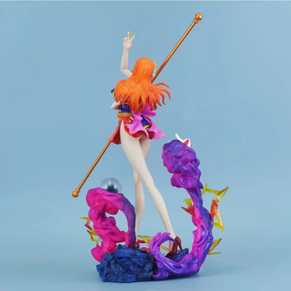 Colorful figurine with orange hair and a staff on a blue background One Piece: Nami (Wano Country Kunoichi Ver.) Authentic LX Studio 30cm / 11.81-Inch Premium PVC Exhibition Scale Statue