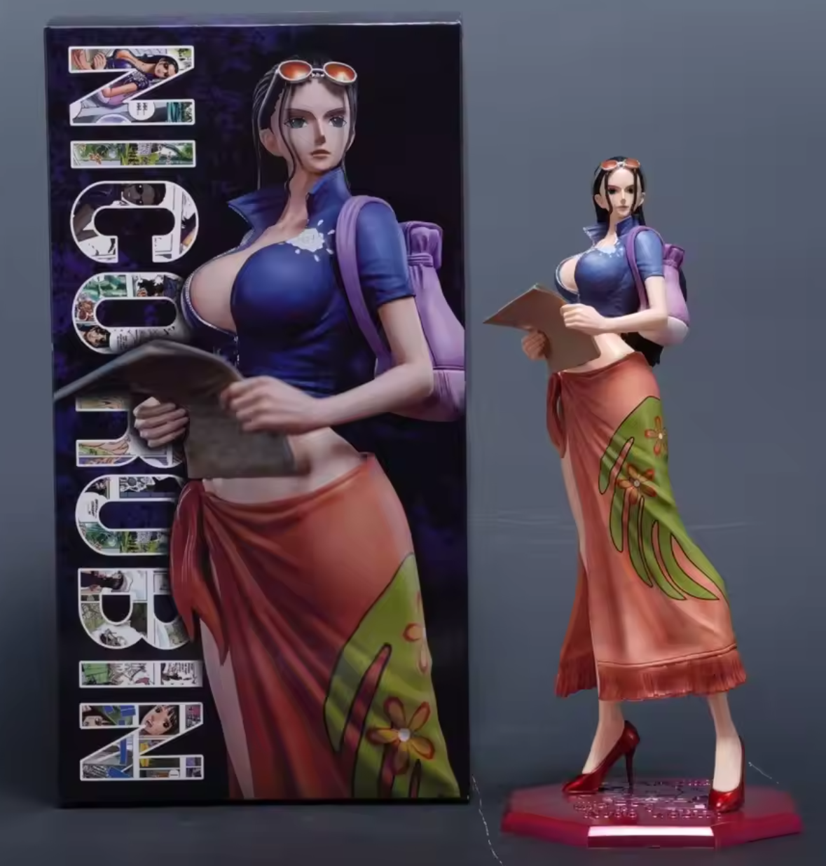 Anime character figurine next to its packaging on a gray background One Piece: Nico Robin Authentic 1/6 Scale Complete Painted Garage Kit Statue (D.S Studio Limited Sale Standard Version)