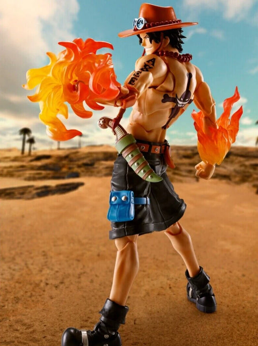 Action figure in a desert setting with flames and a hat One Piece: Portgas D. Ace Authentic S.H. Figuarts Fully Articulated Action Figure by Bandai Spirits