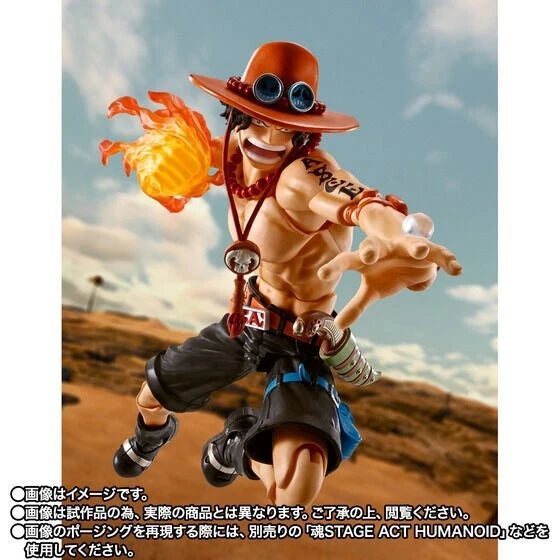 Action figure of a character with a hat and flame effect against a desert background One Piece: Portgas D. Ace Authentic S.H. Figuarts Fully Articulated Action Figure by Bandai Spirits