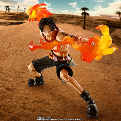Action figure with fiery effects in a desert setting One Piece: Portgas D. Ace Authentic S.H. Figuarts Fully Articulated Action Figure by Bandai Spirits