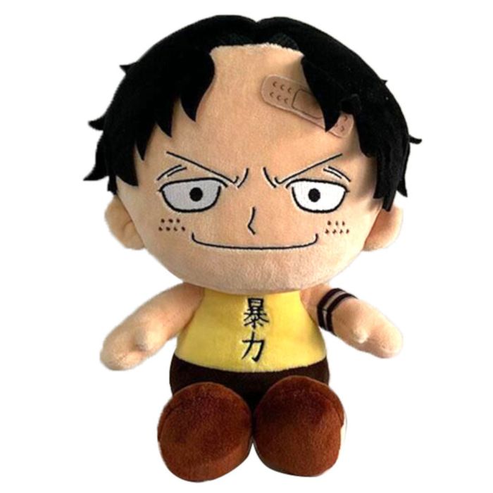 Plush toy of an animated character with a bandage on its head, wearing a yellow shirt with black text, on a white background. One Piece: Portgas D. Ace Authentic Sakami 20cm Premium Plush Figure – Fire Fist Whitebeard Commander Collector