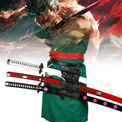 Animated character with green hair and multiple swords on a dynamic background One Piece: Roronoa Zoro 41-Inch Authentic Replica Bamboo Katana
