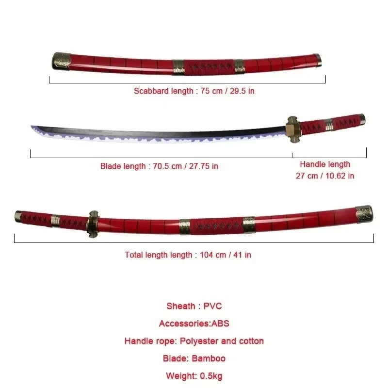 Sword with red sheath and measurements on a white background One Piece: Roronoa Zoro 41-Inch Authentic Replica Bamboo Katana