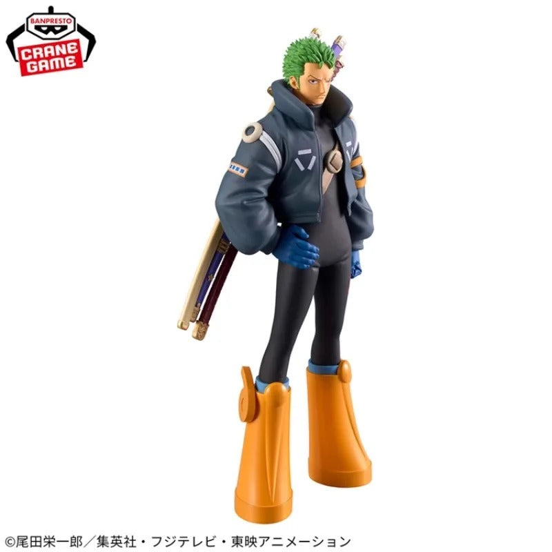 Action figure with green hair and orange boots on a white background One Piece: Roronoa Zoro (Future Island Egghead Ver.) Authentic 17cm PVC Showcase Scale Statue by Banpresto
