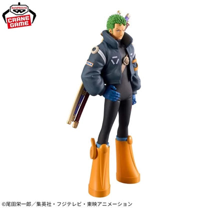 Action figure with green hair and orange boots on a white background One Piece: Roronoa Zoro (Future Island Egghead Ver.) Authentic 17cm PVC Showcase Scale Statue by Banpresto