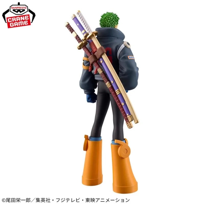 Action figure with weapons on a white background, featuring the Crane Game logo. One Piece: Roronoa Zoro (Future Island Egghead Ver.) Authentic 17cm PVC Showcase Scale Statue by Banpresto