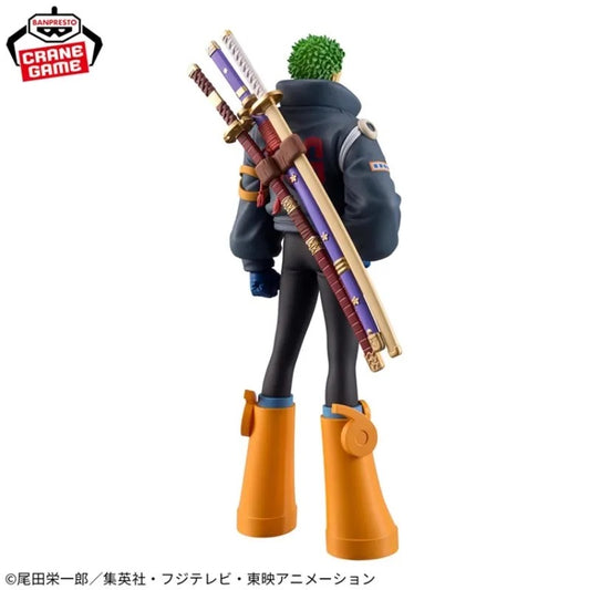 Action figure with weapons on a white background, featuring the Crane Game logo. One Piece: Roronoa Zoro (Future Island Egghead Ver.) Authentic 17cm PVC Showcase Scale Statue by Banpresto