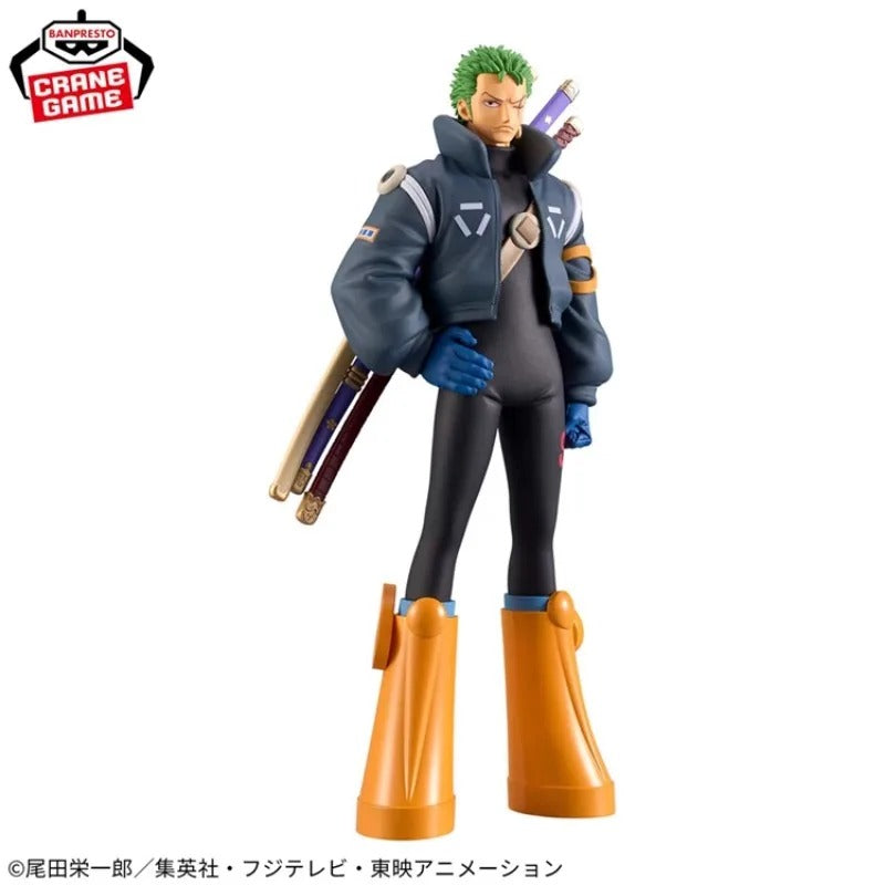 Action figure with green hair and orange boots on a white background, featuring the Crane Game logo. One Piece: Roronoa Zoro (Future Island Egghead Ver.) Authentic 17cm PVC Showcase Scale Statue by Banpresto