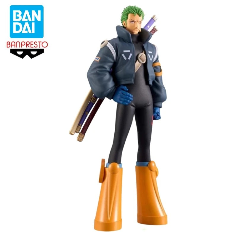 Action figure with a jacket, boots, and holding weapons on a white background, featuring Bandai and Banpresto logos. One Piece: Roronoa Zoro (Future Island Egghead Ver.) Authentic 17cm PVC Showcase Scale Statue by Banpresto