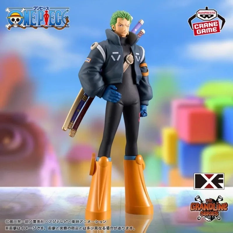 Action figure of a character from 'One Piece' with colorful background One Piece: Roronoa Zoro (Future Island Egghead Ver.) Authentic 17cm PVC Showcase Scale Statue by Banpresto