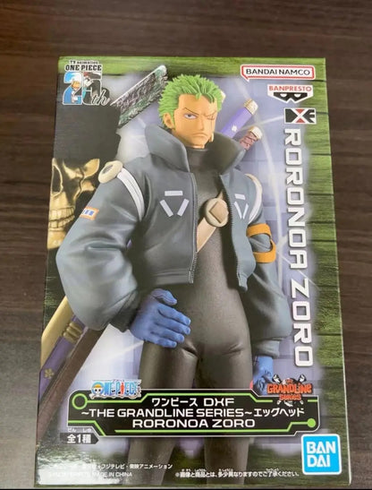 Action figure packaging of Roronoa Zoro from One Piece on a wooden surface One Piece: Roronoa Zoro (Future Island Egghead Ver.) Authentic 17cm PVC Showcase Scale Statue by Banpresto
