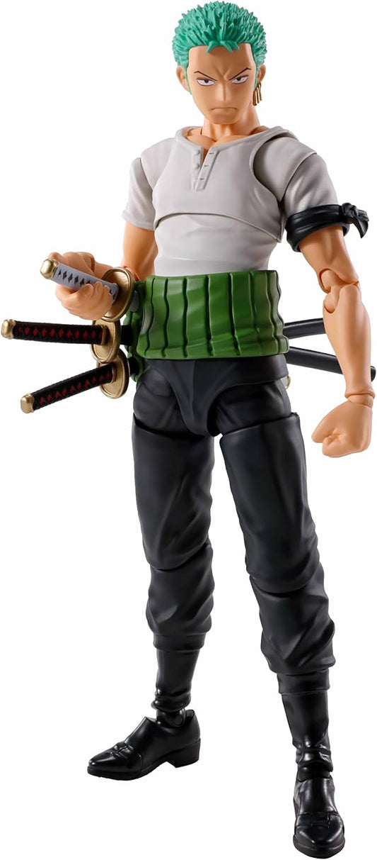 Action figure of a character from an anime with multiple swords on a white background One Piece: Roronoa Zoro (Romance Dawn Ver.) Authentic S.H. Figuarts Fully Articulated Action Figure by Bandai Spirits