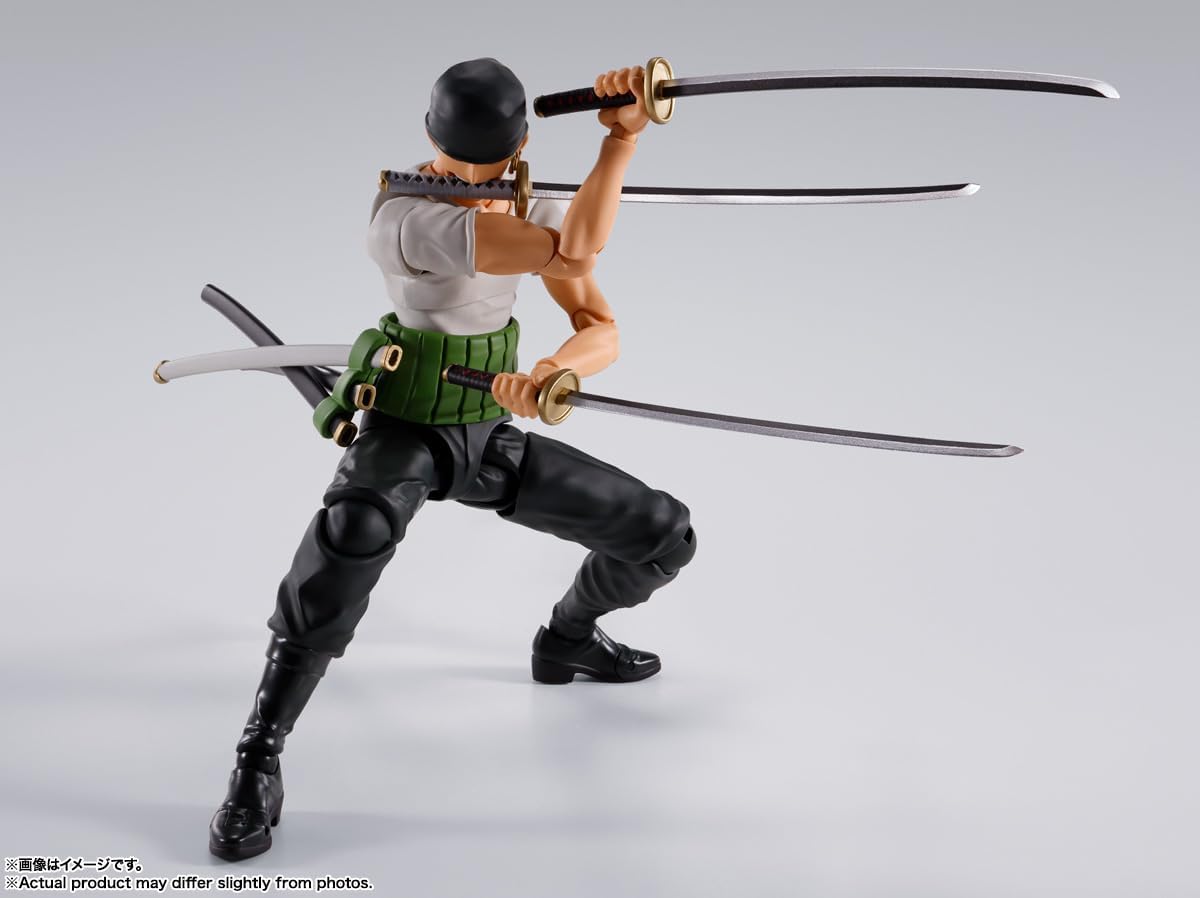 Action figure with multiple swords on a gray background One Piece: Roronoa Zoro (Romance Dawn Ver.) Authentic S.H. Figuarts Fully Articulated Action Figure by Bandai Spirits
