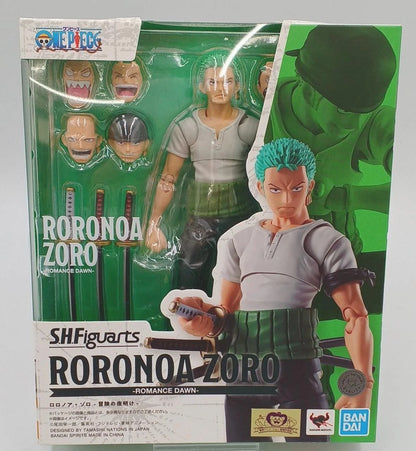 SHFiguarts Roronoa Zoro action figure packaging with green background One Piece: Roronoa Zoro (Romance Dawn Ver.) Authentic S.H. Figuarts Fully Articulated Action Figure by Bandai Spirits