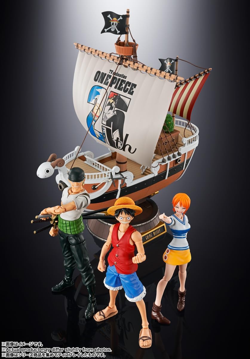 Model ship with 'One Piece' branding and three character figures in front on a dark background One Piece: Roronoa Zoro (Romance Dawn Ver.) Authentic S.H. Figuarts Fully Articulated Action Figure by Bandai Spirits